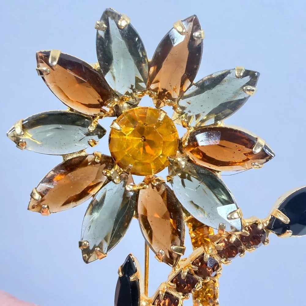 Vintage Flower Brooch Gold Tone Amber Brown Rhinestone Open Back 3 Inch Floral